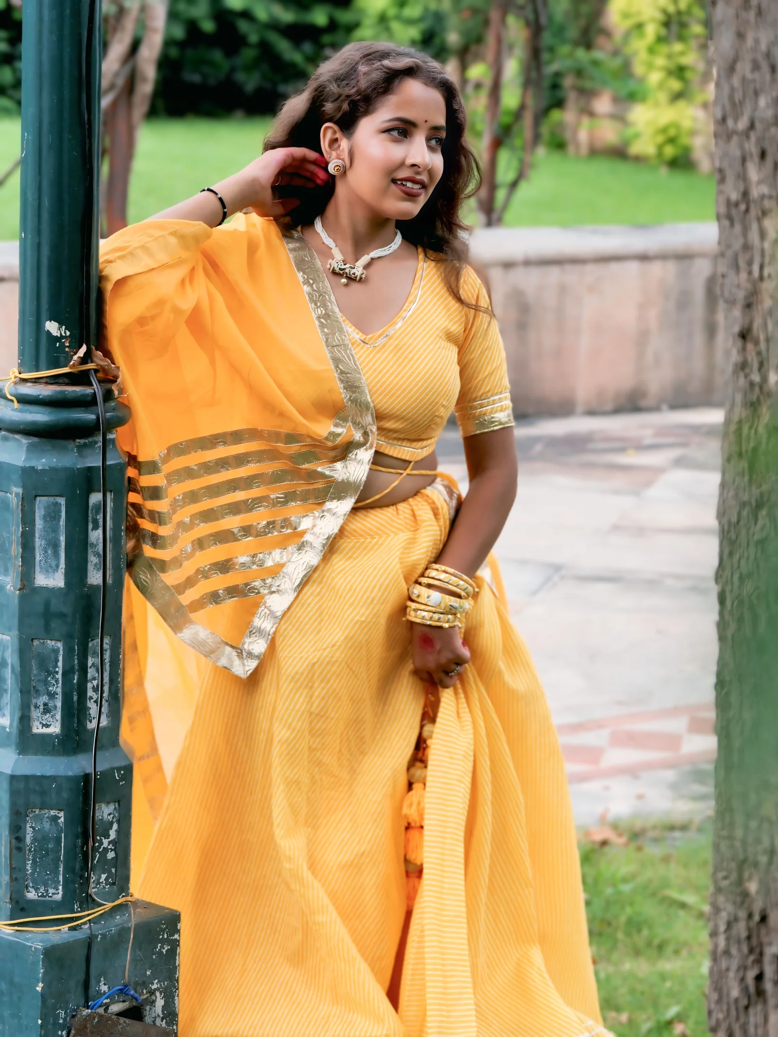 Yellow Cotton Lehriya Lehenga Set with Gotta Lace Work - Image 4