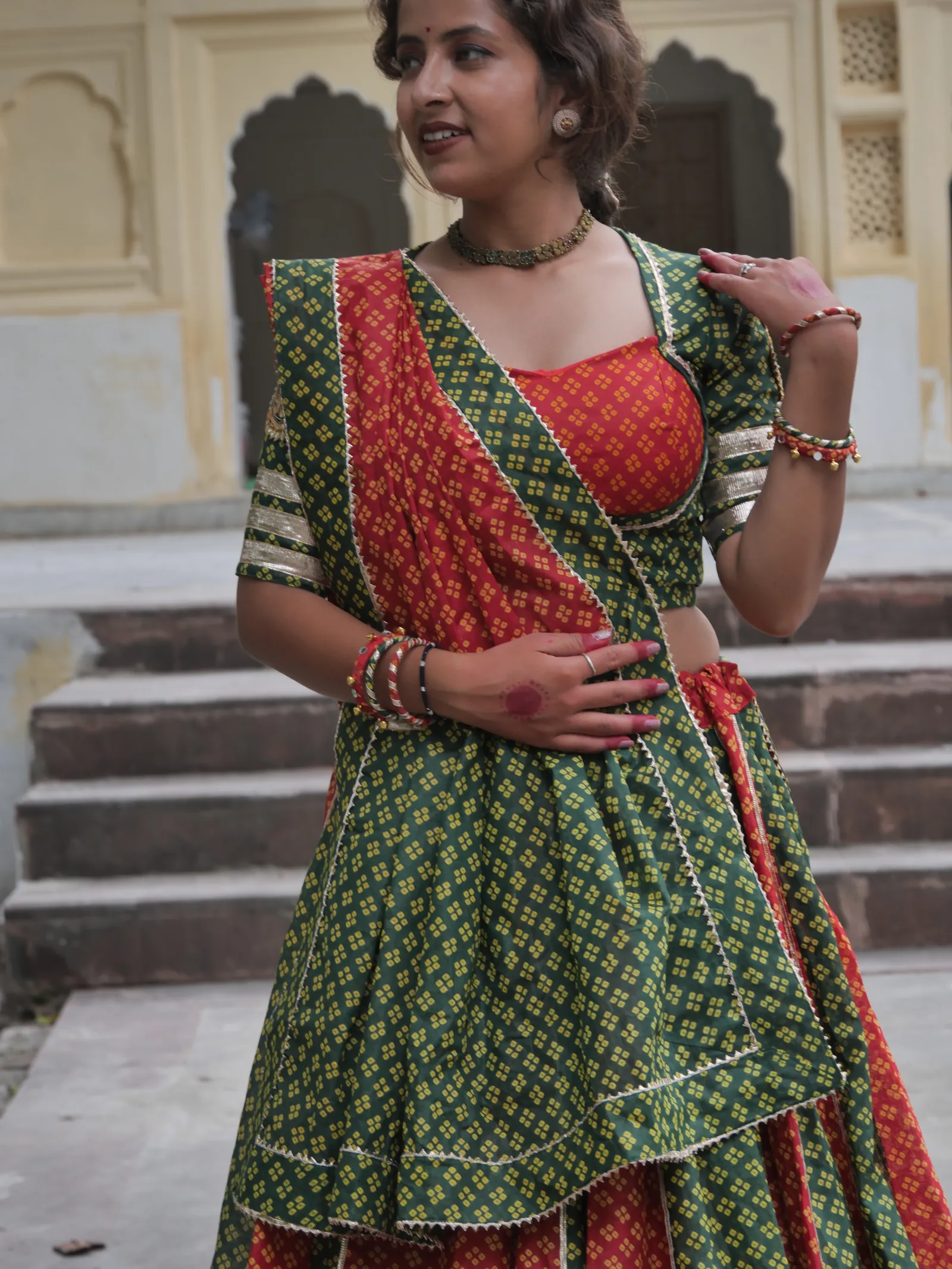bandhani lehnga gottwork