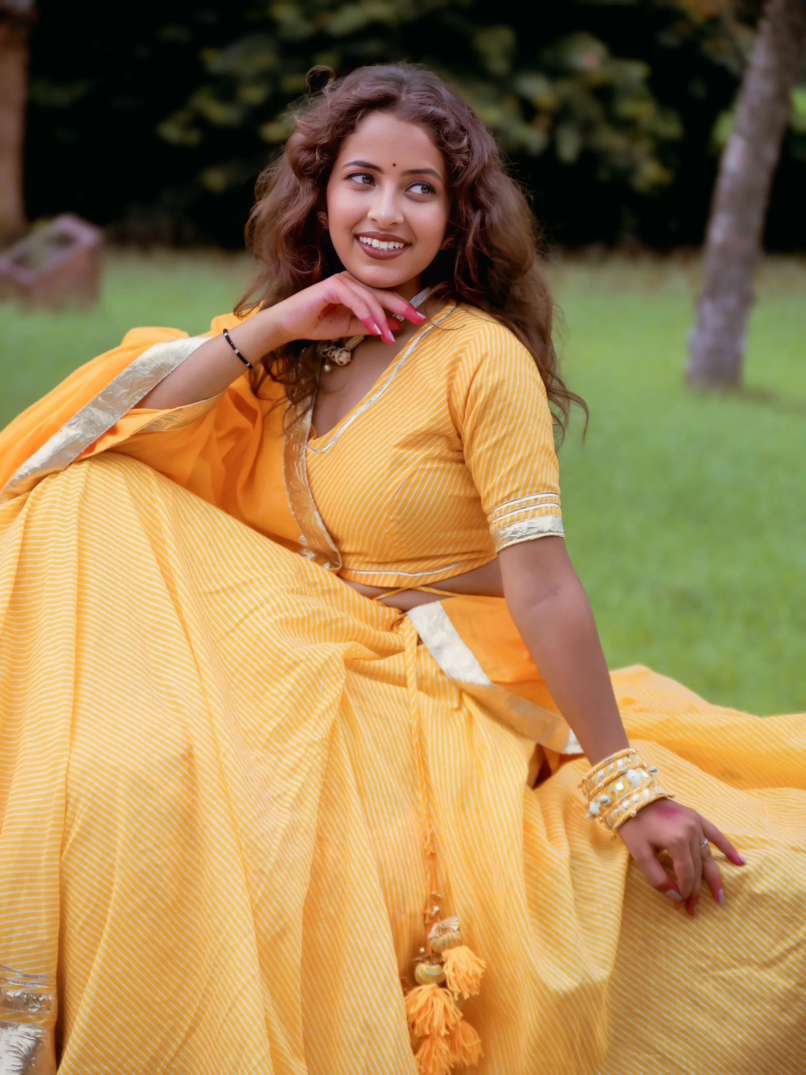 Yellow Cotton Lehriya Lehenga Set with Gotta Lace Work - Image 3