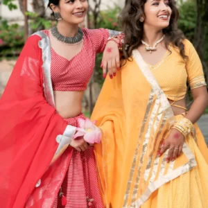 yellow-cotton-lehriya-lehenga-set with gotta lace work