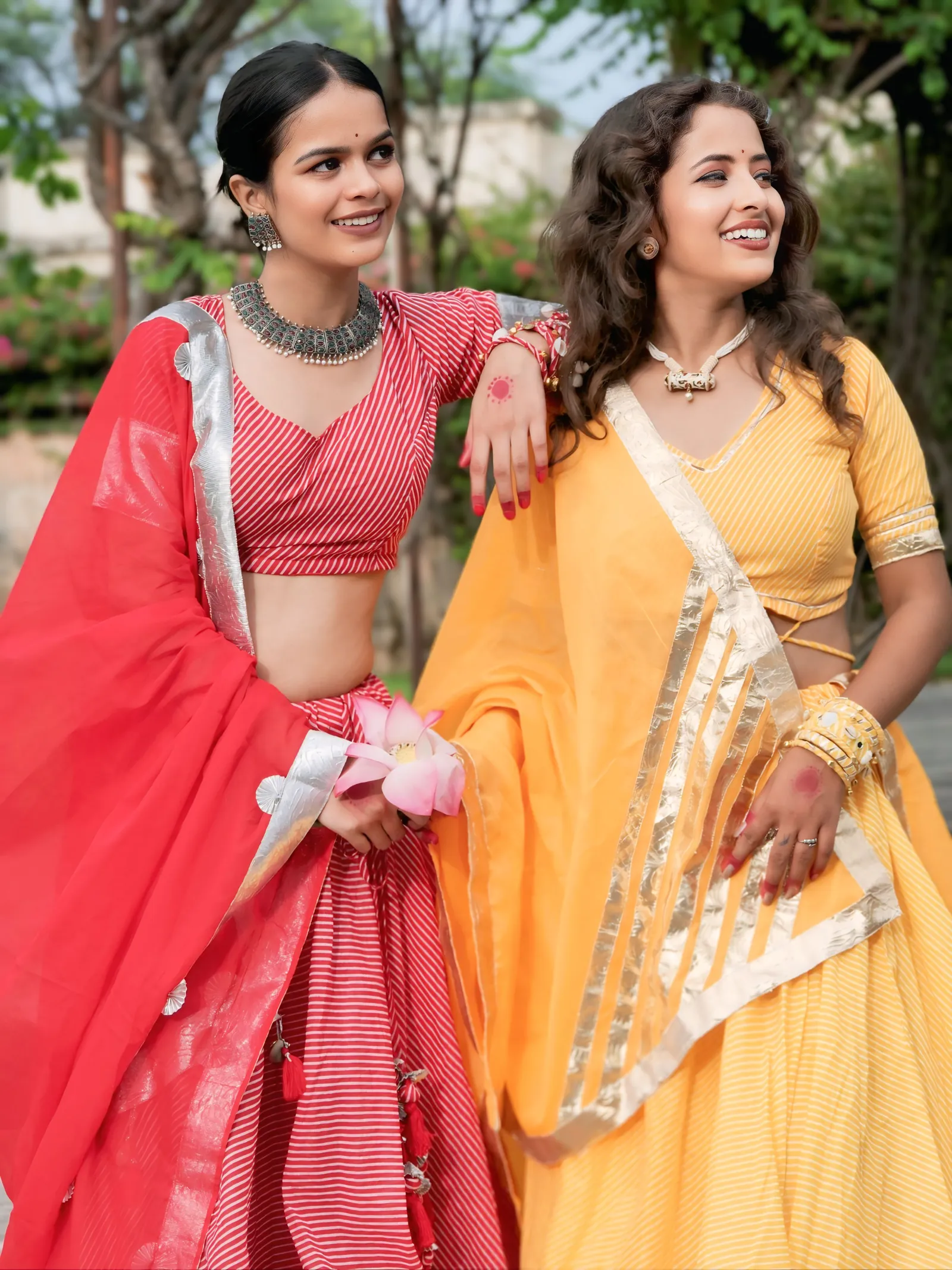 yellow-cotton-lehriya-lehenga-set with gotta lace work