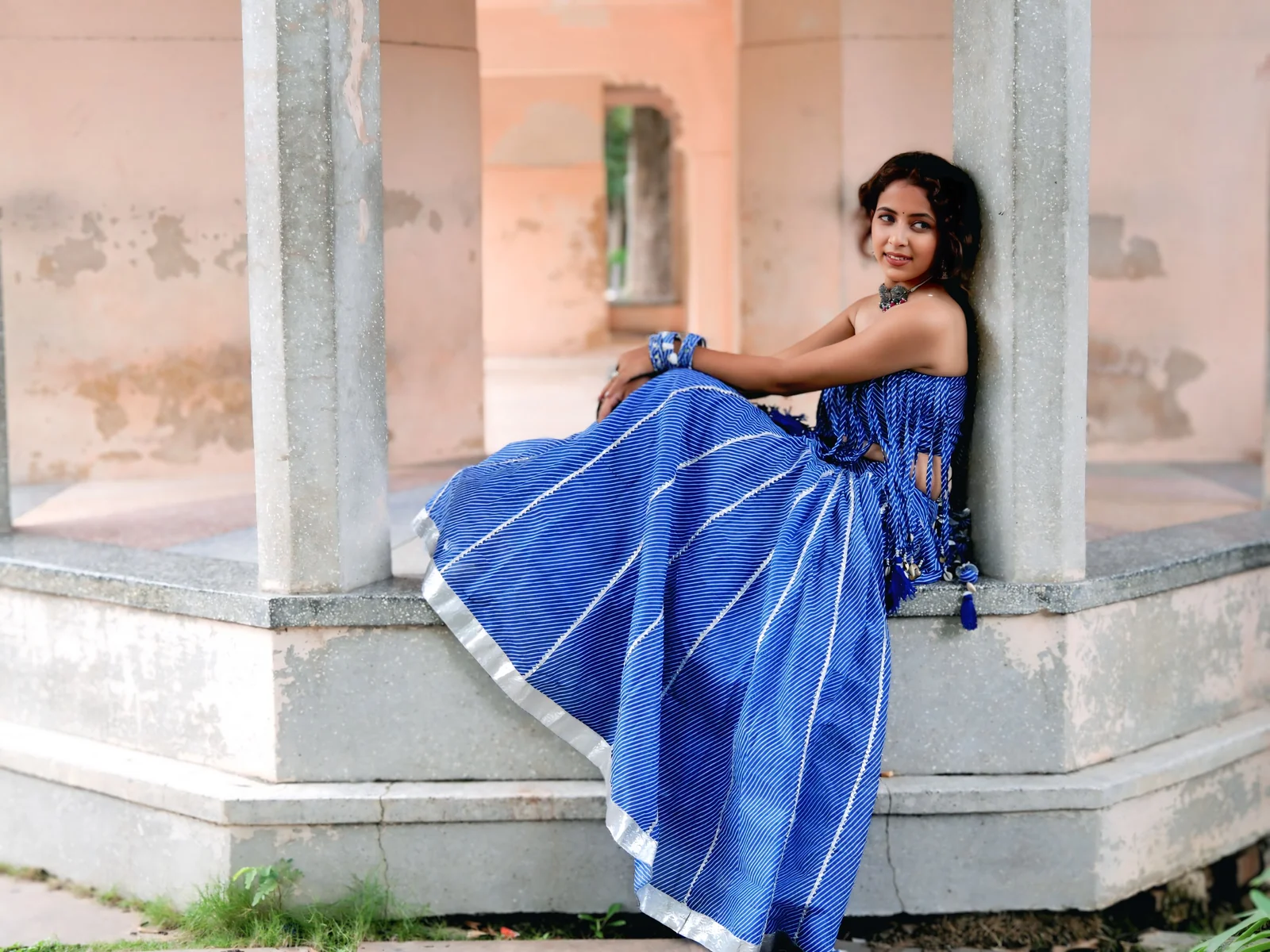 blue lehriya lehenga set