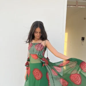 green bandhani anarkali set